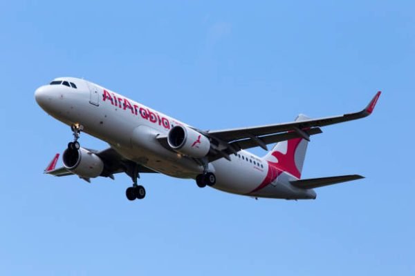 Borispol, Ukraine - June 07, 2019: A6-AOU Air Arabia Airbus A320-214(WL) aircraft on the blue sky background