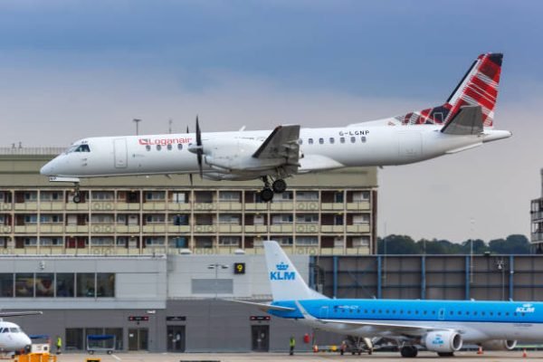 London, United Kingdom – July 7, 2019: Loganair Saab 2000 airplane at London City airport (LCY) in the United Kingdom.