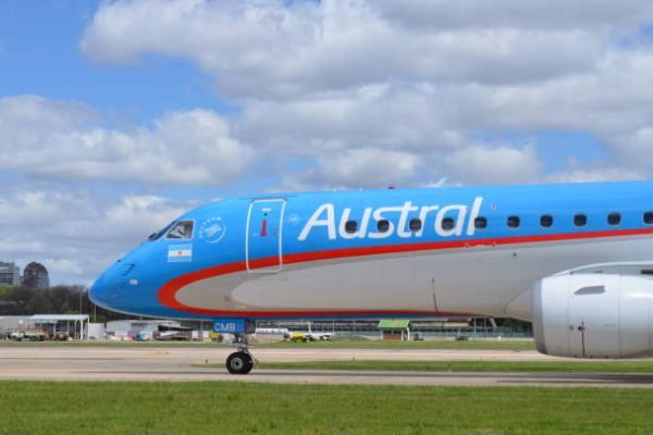 Buenos Aires, Argentina - December 31, 2016: an Embraer 190 from Austral Lineas Aereas holding position, just after landing, in Buenos Aires' Aeroparque Jorge Newbery.