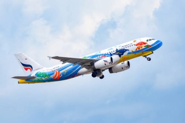 Phuket, Thailand - May 8,2019 :Bangkok airway ,Airbus a320, HS-PGW, take off at phuket airport