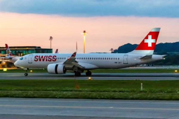 Zurich, Switzerland - July 22, 2020: Swiss Airbus A220-300 airplane at Zurich Airport (ZRH) in Switzerland. Airbus is a European aircraft manufacturer based in Toulouse, France.