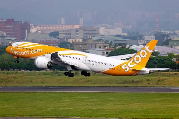 A Boeing 787 aircraft operated by Singaporean low-cost airline Scoot takes-off from Taipei-Taoyuan airport