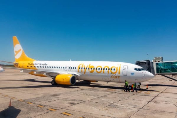 Mendoza, Argentine - February 12, 2018: Aircraft Boeing 737 of the airline Flybondi at the apron of airport Mendoza.