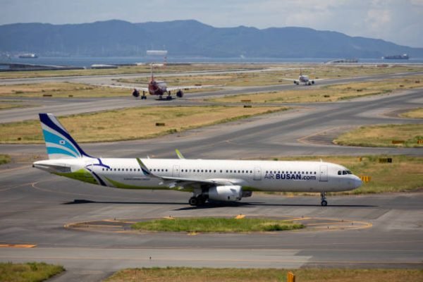 Izumisano, Japan - August 28, 2024 : Air Busan Airbus A321-200 at Kansai International Airport in Osaka, Japan.