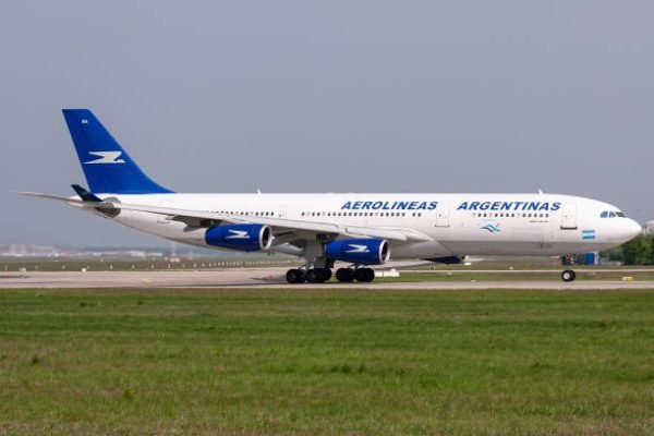 Frankfurt am Main, Germany - May 2, 2009: Aerolineas Argentinas Airbus A340-200 with registration LV-ZRA on take off roll on runway 18 of Frankfurt Airport