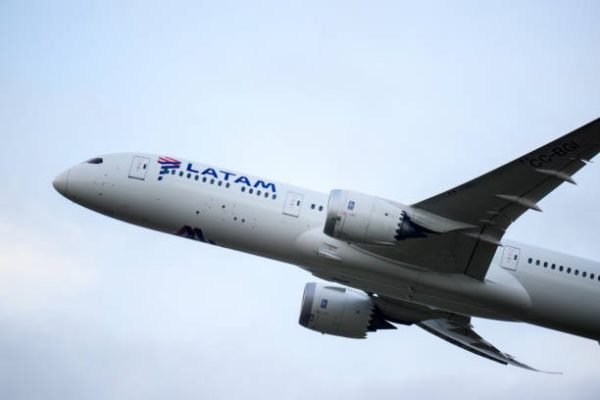 Auckland, New Zealand  February 16 2025: Latam Airlines CC-BGI Boeing 787-9 Dreamliner flying mid-air from Auckland International Airport.