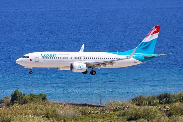 Rhodes, Greece - June 1, 2025: Luxair Boeing 737 MAX 8 airplane at Rhodes airport in Greece.