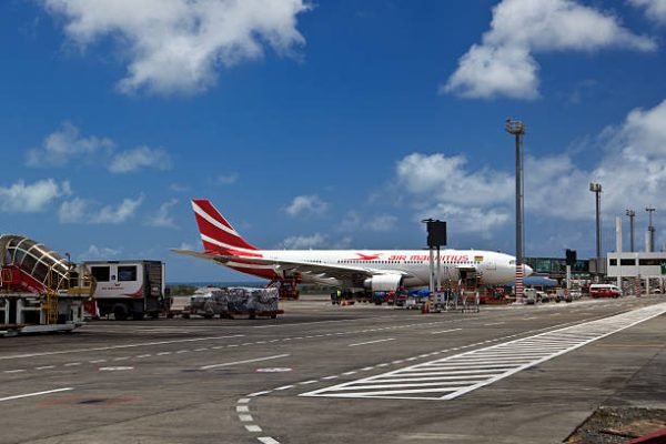 Port Louis, Mauritius - November 13, 2012: Air Mauritius plane landed at Sir Seewoosagur Ramgoolam International Airport.