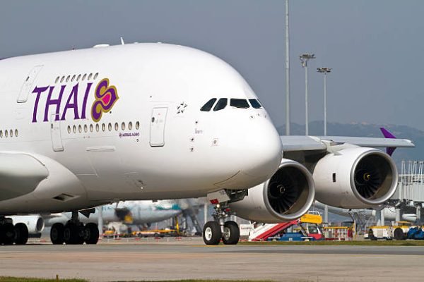 Hong Kong , Hong Kong SAR - December 30, 2012: Thai A380A Thai Airbus A380 taxing for take off. The A380 is the biggest passanger aircraft in commercial use.