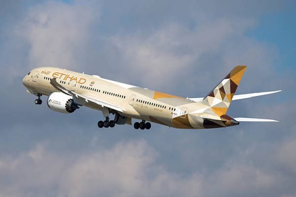 Zürich, Switzerland - March 26, 2016: Boeing 787 of Etihad Airways departing Zurich Airport on a sunny morning. Etihad Airways is the national airline of Abu Dhabi, United Arab Emirates.