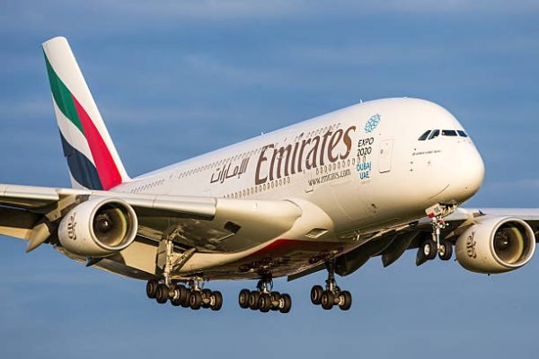 Zürich, Switzerland - July 03, 2016: Airbus A380 of Emirates Airline approaching Zurich airport