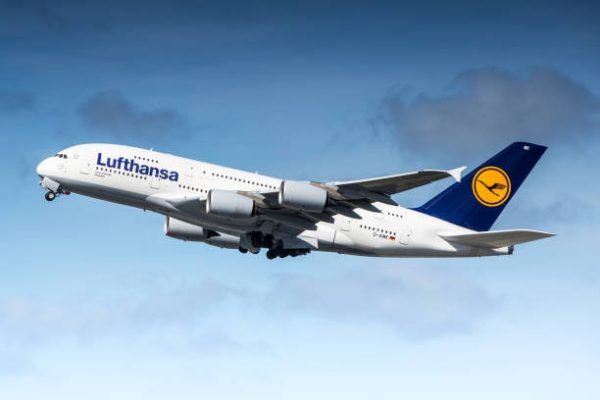 San Francisco, California, USA - April 13, 2015: Lufthansa Airbus A380 departing San Francisco International Airport.