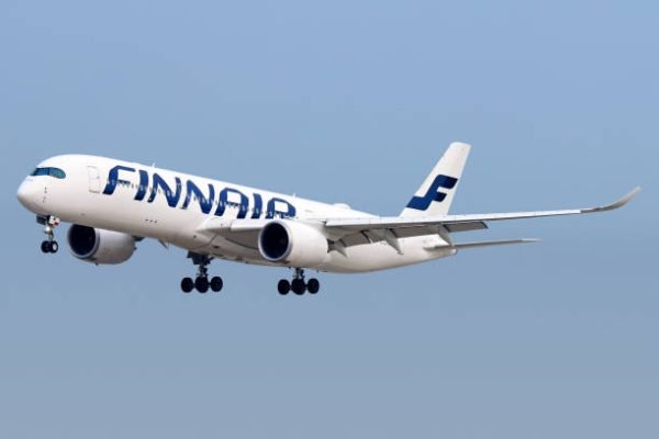 Shanghai, China - May 30, 2017: An Airbus A350-900 operated by Finnish airline Finnair approaches Shanghai Pudong airport for landing.
